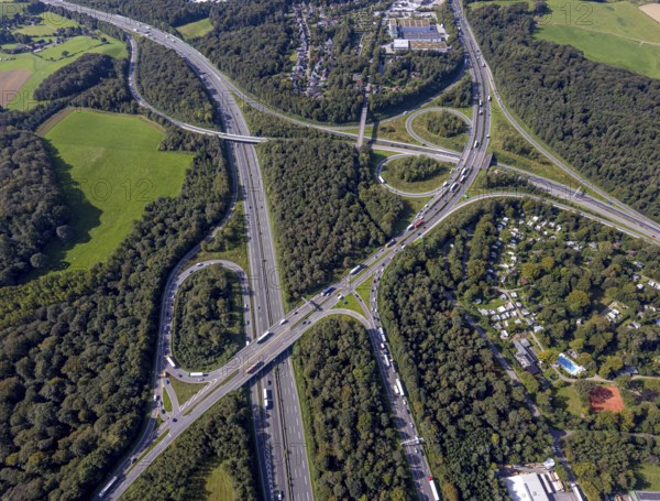 Aerial view, motorway junction Wuppertal-Nord with A1 and A43 and A46 in the district Halloh in