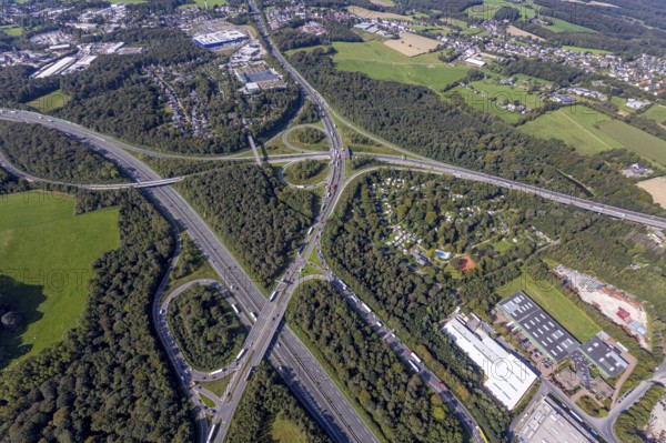 Aerial view, motorway junction Wuppertal-Nord with A1 and A43 and A46 in the district Halloh in