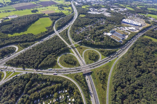 Aerial view, motorway junction Wuppertal-Nord with A1 and A43 and A46 in the district Halloh in