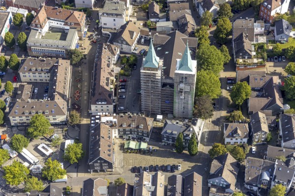 Aerial view, church tower renovation of the evang. Christuskirche in Schwelm, Ruhr area, North
