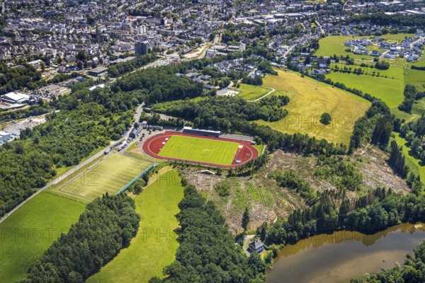 Aerial view, Kreuzbergstadion, Olpe-Stadt, Olpe, Sauerland, North Rhine-Westphalia, Germany, DE,