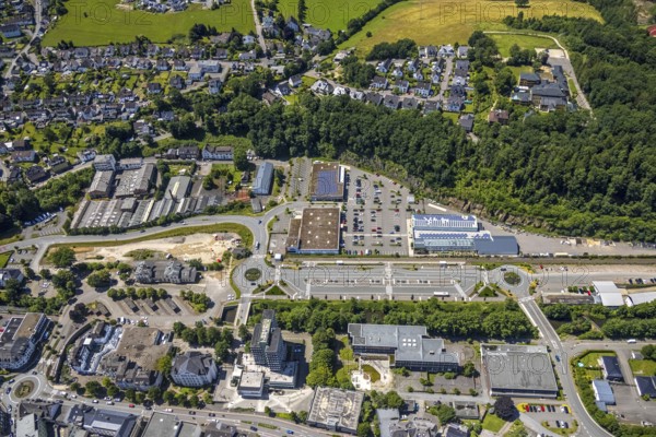 Aerial view, city centre, town hall and city archive, Olpe railway and bus station, car park Alter
