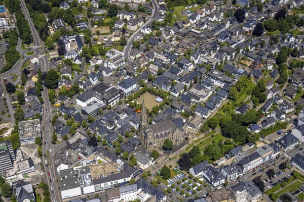 Aerial view, St. Martinus Church, town wall with angel tower, market square and town centre, Olpe