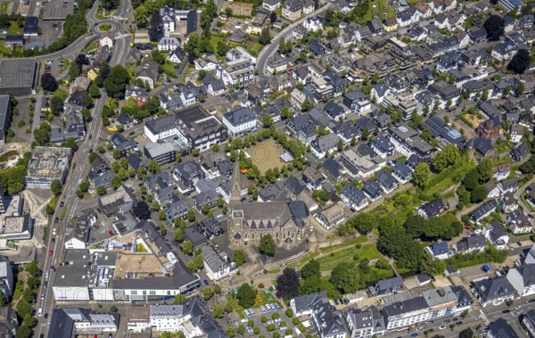 Aerial view, St. Martinus Church, town wall with angel tower, market square and town centre, Olpe