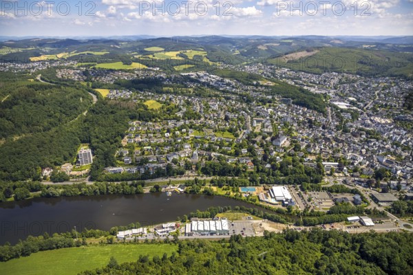 Aerial view, Biggesee, Obersee, leisure pool Olpe, Sea Bounce Indoorsport, Biggehochhaus and