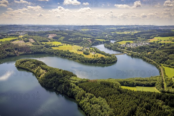Aerial view, Biggesee, Stade headland, local view Eichhagen, Olpe, Sauerland, North