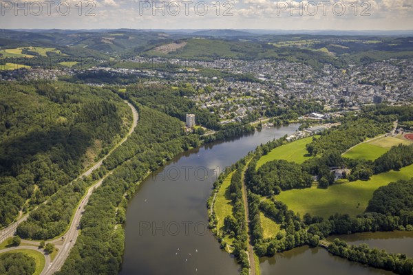 Aerial view, Biggesee, Obersee, Biggehochhaus, Olpe leisure pool, Olpe town view, Olpe, Sauerland,