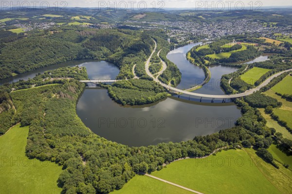 Aerial view, Biggesee, Obersee with bridge Landesstraße L512, bridge Bundesstraße B54, Olpe-Stadt,