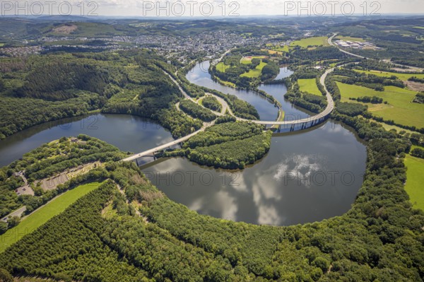 Aerial view, Biggesee, Obersee with bridge Landesstraße L512, bridge Bundesstraße B54, Olpe-Stadt,