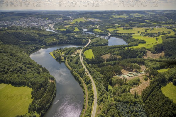 Aerial view, Biggesee, Obersee with bridge Landesstraße L512, bridge Bundesstraße B54, Olpe-Stadt,