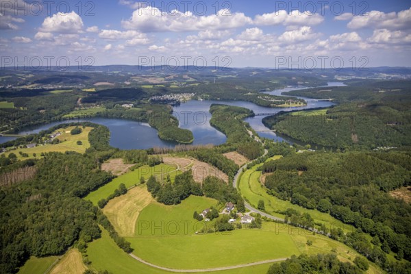 Aerial photo, Biggesee, Rhode, Olpe, Sauerland, North Rhine-Westphalia, Germany, Biggetalsperre,