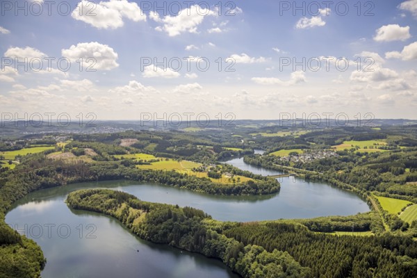 Aerial view, Biggesee, Stade headland, local view Eichhagen, Olpe, Sauerland, North