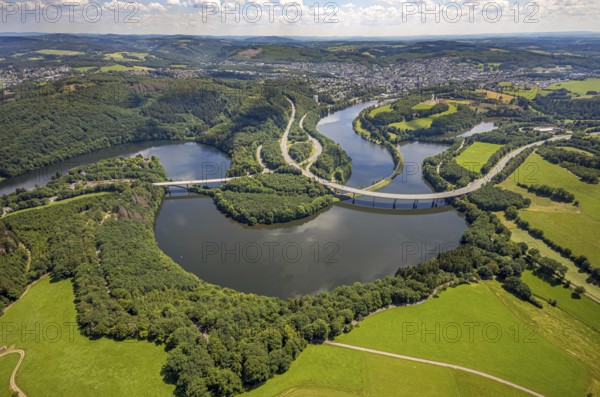 Aerial view, Biggesee, Obersee with bridge Landesstraße L512, bridge Bundesstraße B54, Olpe-Stadt,