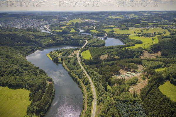 Aerial view, Biggesee, Obersee, bridge Landesstraße L512, bridge Bundesstraße B54, Olpe-Stadt,