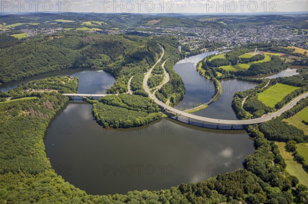 Aerial view, Biggesee, Obersee with bridge Landesstraße L512, bridge Bundesstraße B54, Olpe-Stadt,
