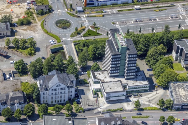 Aerial view, Olpe town hall and town archive, Olpe town, Olpe, Sauerland, North Rhine-Westphalia,