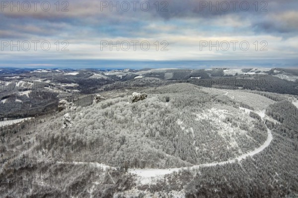 Aerial view of the rock formation Bruchhauser Steine a ground monument with four main rocks on the