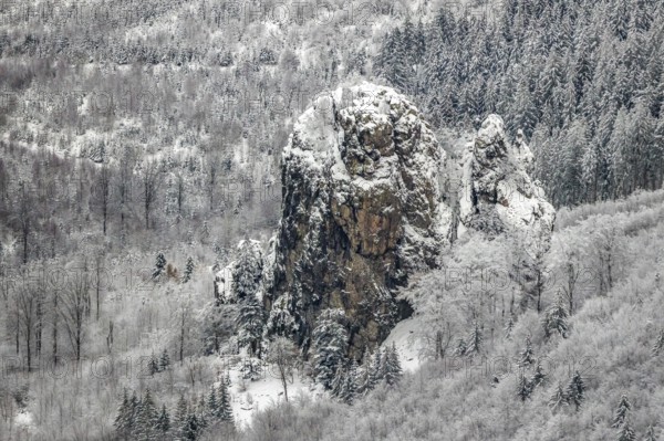Aerial view of the rock formation Bruchhauser Steine a ground monument with four main rocks on the