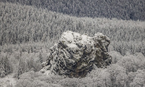 Aerial view of the rock formation Bruchhauser Steine a ground monument with four main rocks on the