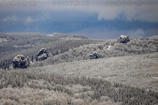 Aerial view of the rock formation Bruchhauser Steine a ground monument with four main rocks on the