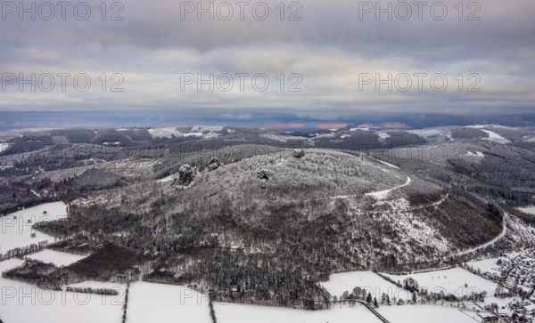Aerial view of the rock formation Bruchhauser Steine a ground monument with four main rocks on the