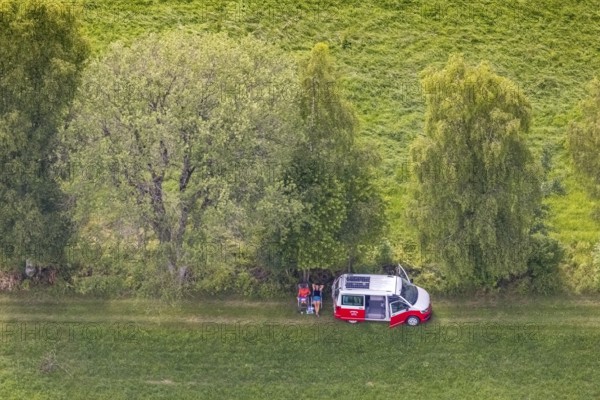Aerial view, picnic on a forest path with VW bus, Eichhagen, Olpe, Sauerland, North