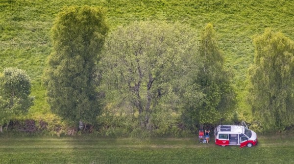 Aerial view, picnic on a forest path with VW bus, Eichhagen, Olpe, Sauerland, North