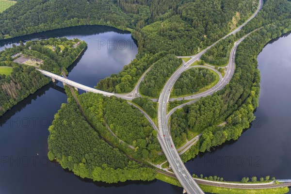 Aerial view, Biggesee, bridge Landesstraße L512, bridge Bundesstraße B54, Olpe-Stadt, Olpe,