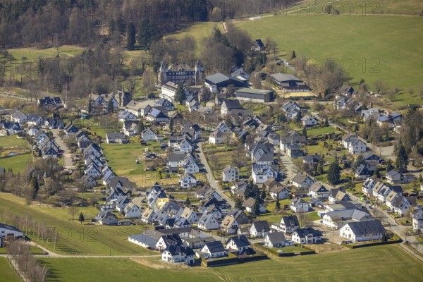 Aerial view, Hotel and Castle Gevelinghausen, St. Maria Magdalena Church, Gevelinghausen, Olsberg,