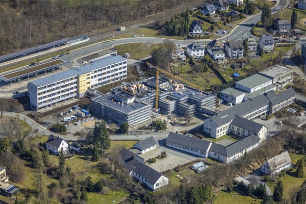 Aerial photo, construction site at the Berufskolleg Olsberg des HSK, Olsberg, Sauerland, North