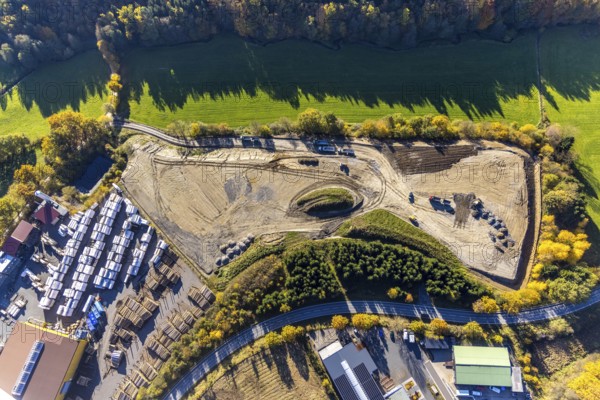 Aerial view, construction sites in the industrial area at the federal road B511 in the district