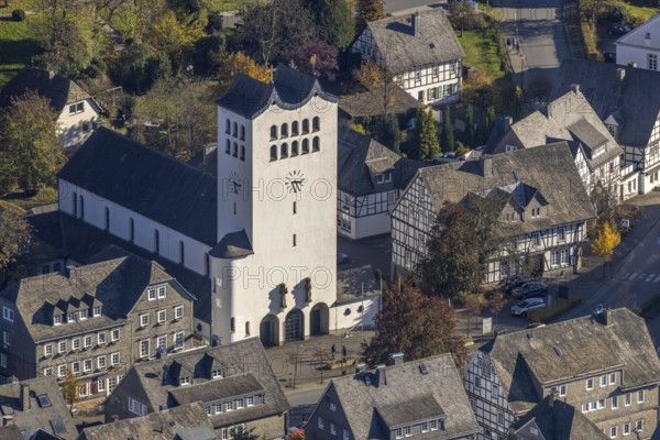 Aerial view, catholic parish church St. Georg in the district Fredeburg in Schmallenberg,