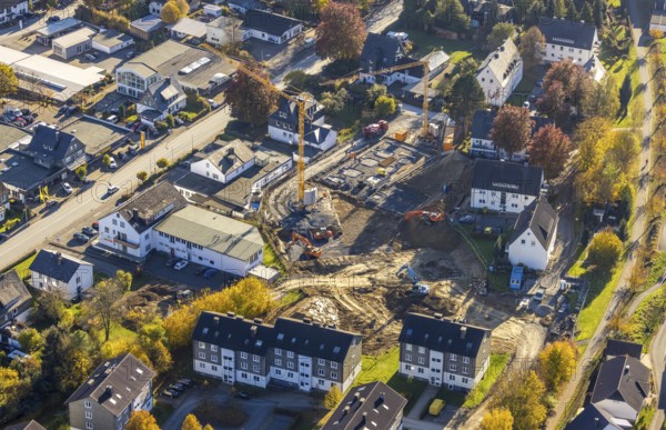 Aerial view, residential project Weitblick with the construction site Hohe Fohr in Schmallenberg,