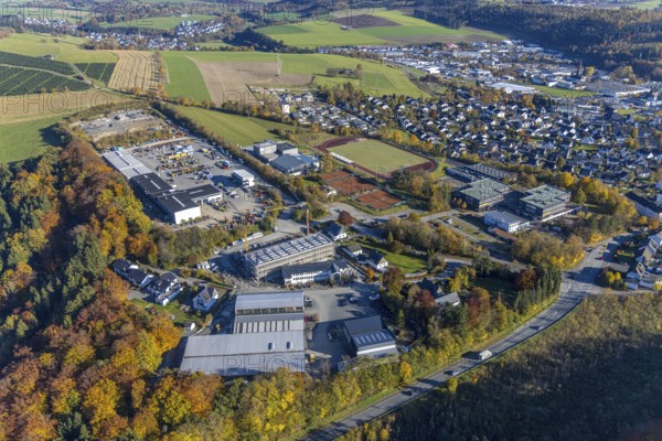 Aerial view, construction site with new building on the premises of the Feldhaus group of companies