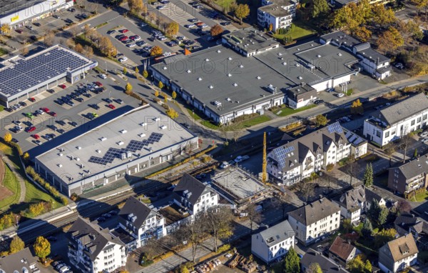 Aerial view, Olsberg employment agency and shopping centre and construction site with new building