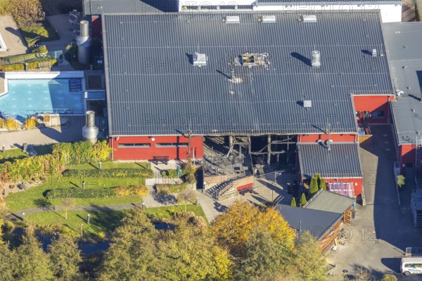 Aerial view, major fire damage at the Aqua Olsberg Sauerlandtherme in Olsberg, Sauerland, North