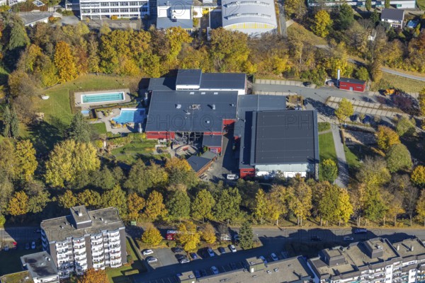 Aerial view, major fire damage at the Aqua Olsberg Sauerlandtherme in Olsberg, Sauerland, North