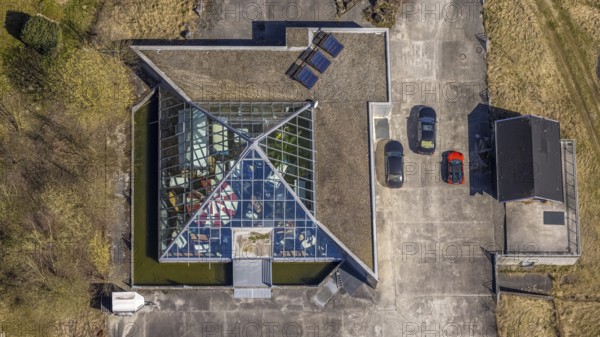 Aerial view, house with glass facade and pointed roof, Gevelinghausen, Olsberg, Sauerland, North