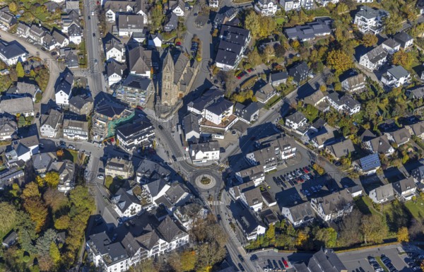 Aerial view, town centre with parish church St. Nikolaus in Olsberg, Sauerland, North