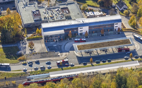 Aerial view, bus station and construction work at the vocational college Olsberg of the HSK in
