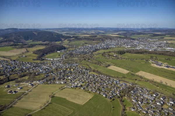 Aerial view, local view, new cemetery, spa gardens, farm Hof Ax, Schmallenberg, Sauerland, North