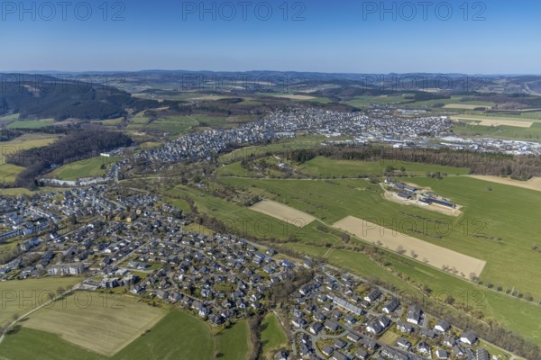 Aerial view, local view, new cemetery, spa gardens, farm Hof Ax, Schmallenberg, Sauerland, North