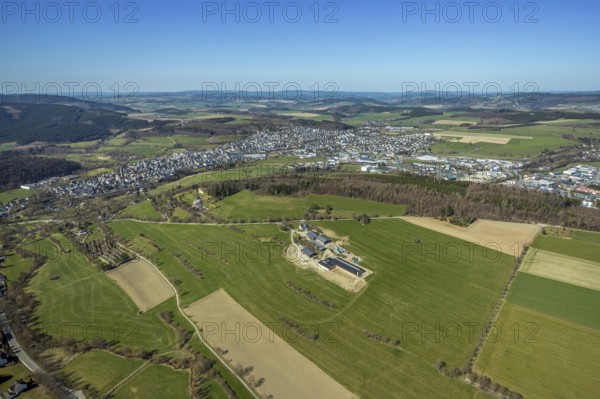 Aerial view, local view, new cemetery, spa gardens, farm Hof Ax, Schmallenberg, Sauerland, North