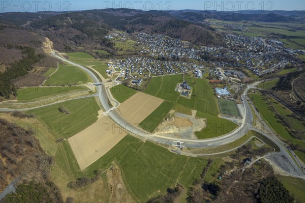 Aerial view, construction site and new construction of the L776n bypass Bad Fredeburg, Fredeburg,