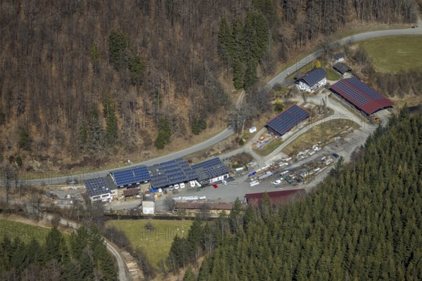 Aerial view, Mountains and valleys Waidmannsruh, Sawmill Gebr. Coal, Schmallenberg, Sauerland,