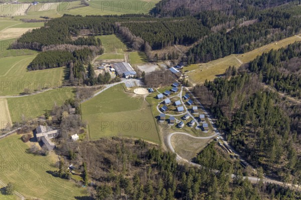 Aerial view, mountain village LiebesGrün and youth hostel, Schmallenberg, Sauerland, North