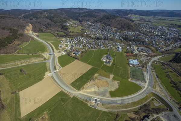 Aerial view, construction site and new construction of the L776n bypass Bad Fredeburg, Fredeburg,