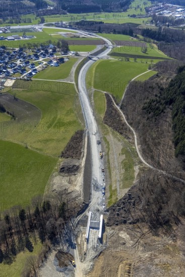 Aerial view, construction site and new construction of the L776n bypass Bad Fredeburg, Fredeburg,