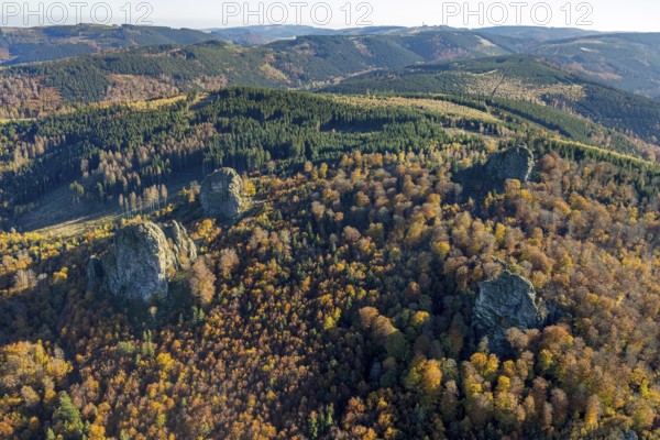 Aerial view, autumn forest and Bruchhauser Steine in the district Bruchhausen in Olsberg,