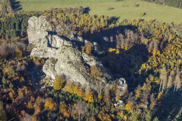 Aerial view, autumn forest and Bruchhauser Steine in the district Bruchhausen in Olsberg,